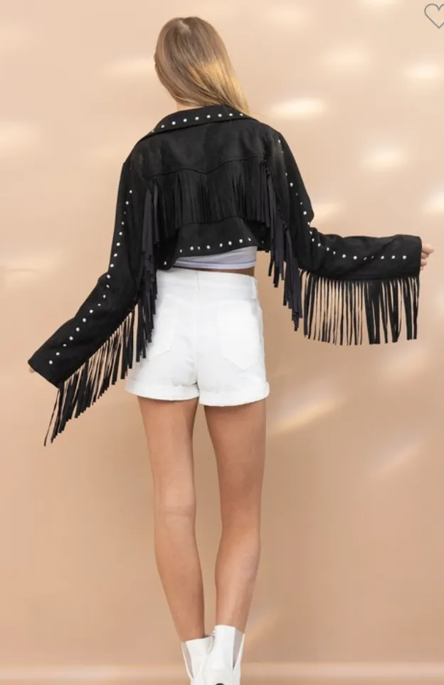 Suede Fringe Studded Crop Jacket - Black