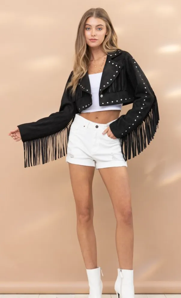 Suede Fringe Studded Crop Jacket - Black