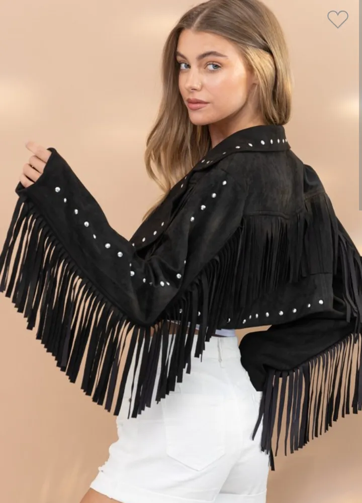 Suede Fringe Studded Crop Jacket - Black