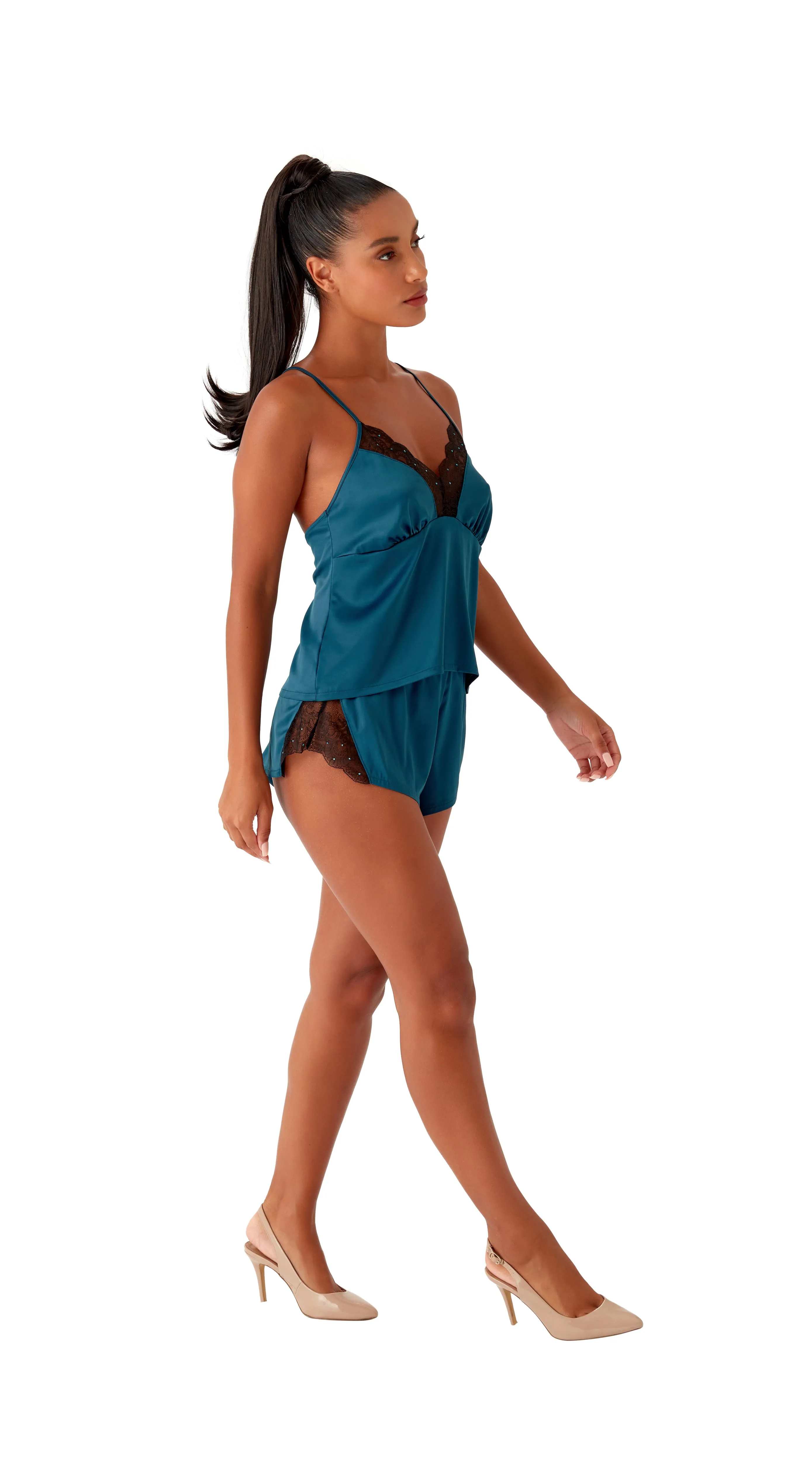 VIP Confession Satin Cami Top in Teal/Black By Gossard - XS-L