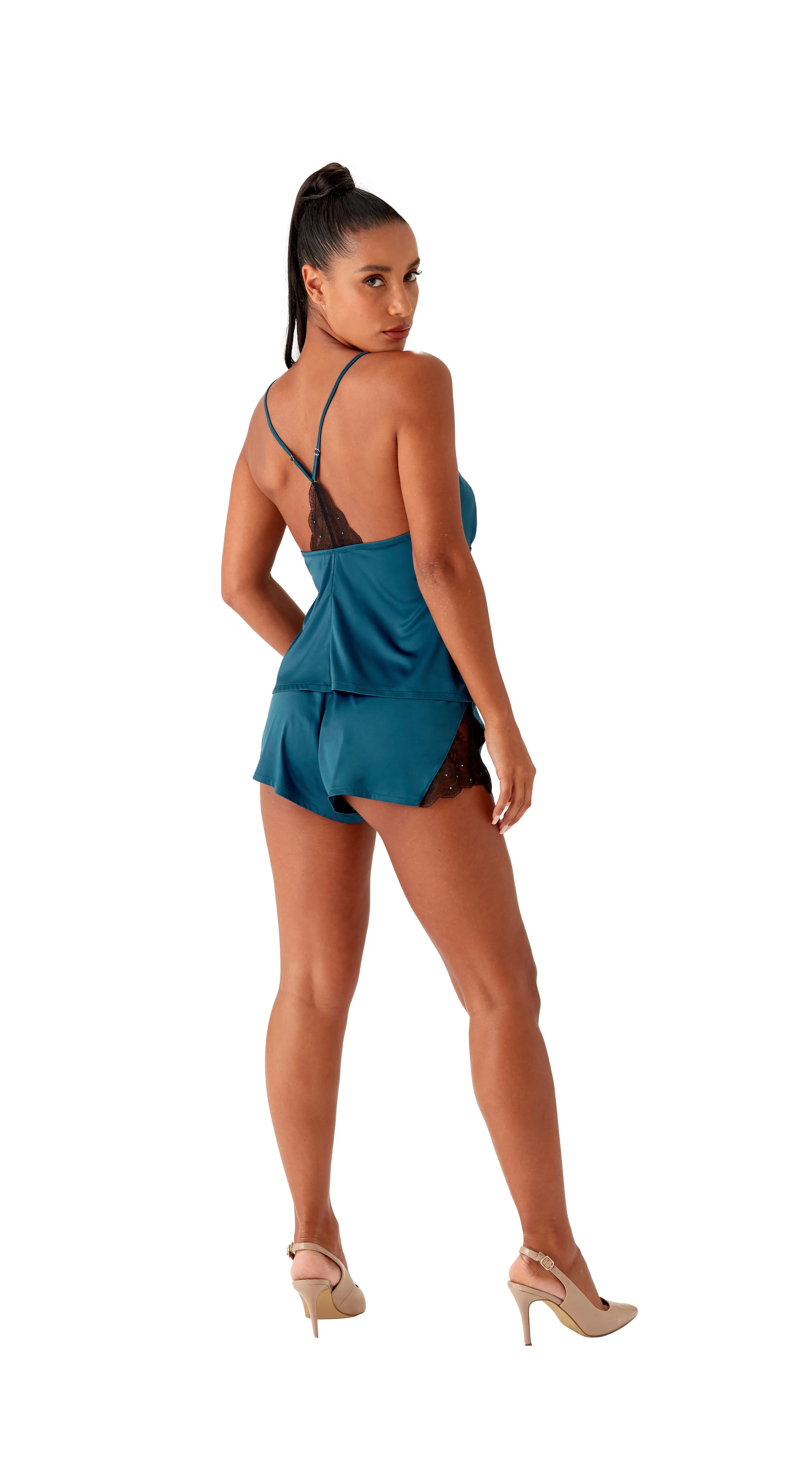 VIP Confession Satin Cami Top in Teal/Black By Gossard - XS-L