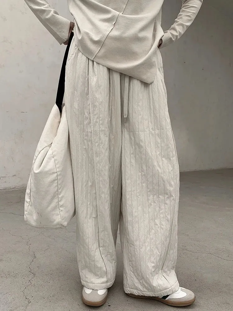Winter Warm Wide-Leg Quilted Trousers | Beige, Textured Ruffled Pattern, Relaxed Fit