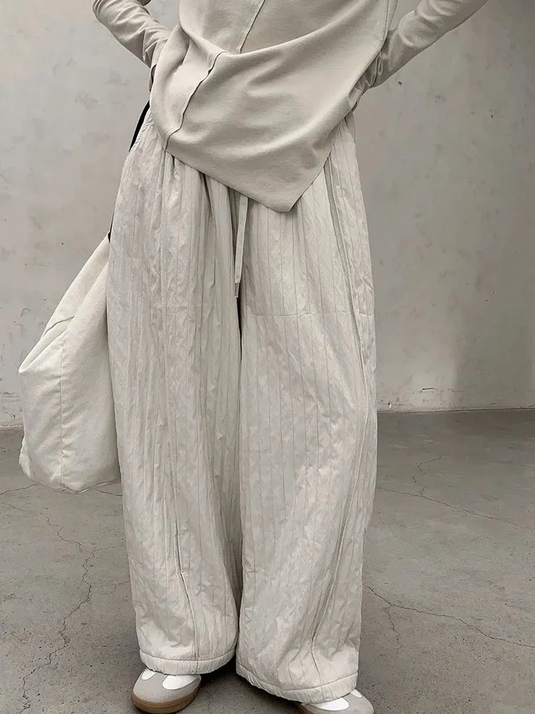 Winter Warm Wide-Leg Quilted Trousers | Beige, Textured Ruffled Pattern, Relaxed Fit