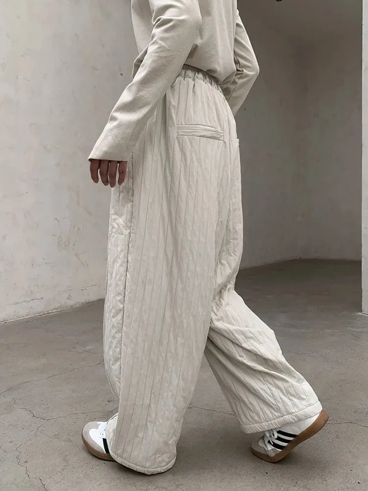 Winter Warm Wide-Leg Quilted Trousers | Beige, Textured Ruffled Pattern, Relaxed Fit