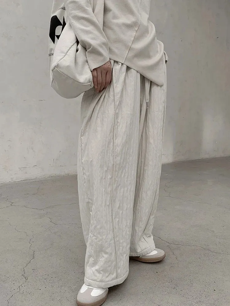 Winter Warm Wide-Leg Quilted Trousers | Beige, Textured Ruffled Pattern, Relaxed Fit