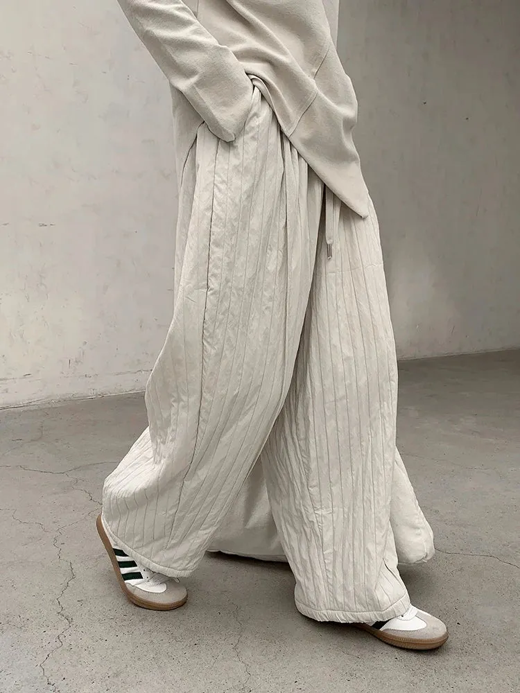 Winter Warm Wide-Leg Quilted Trousers | Beige, Textured Ruffled Pattern, Relaxed Fit