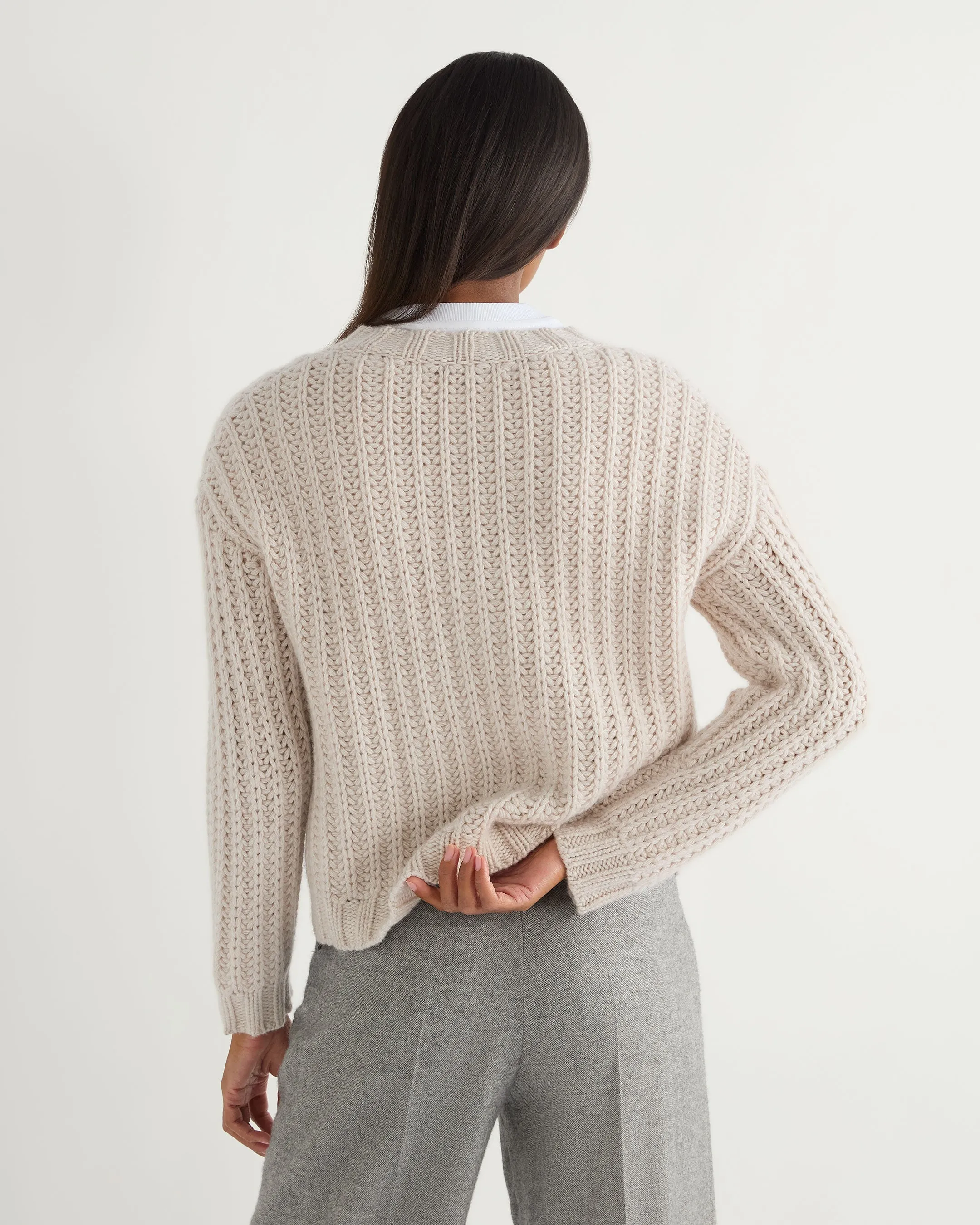 Women's Statement Rib V Neck Cashmere Jumper Frost White